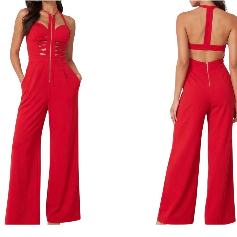 bebe x NAVEN Jumpsuit Womens 6 Red Halter Neck Cutout Back Wide Leg Back Zip‎
